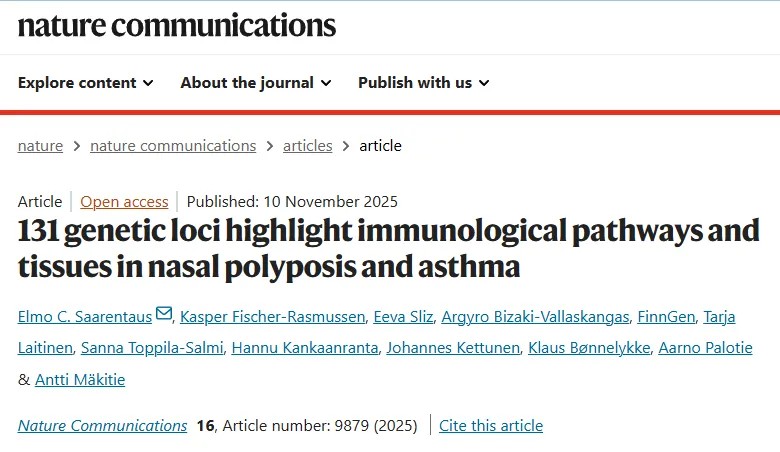 哮喘和慢性鼻窦炎伴鼻息肉两种疾病为何经常同时出现？超75万人基因组数据分析，发现71个共享基因位点